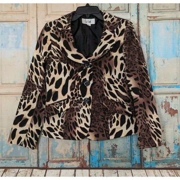 Le Suit Womens Size 6 Brown Leopard Print Collared Slit Cuff 3 Button Blazer - Picture 1 of 7